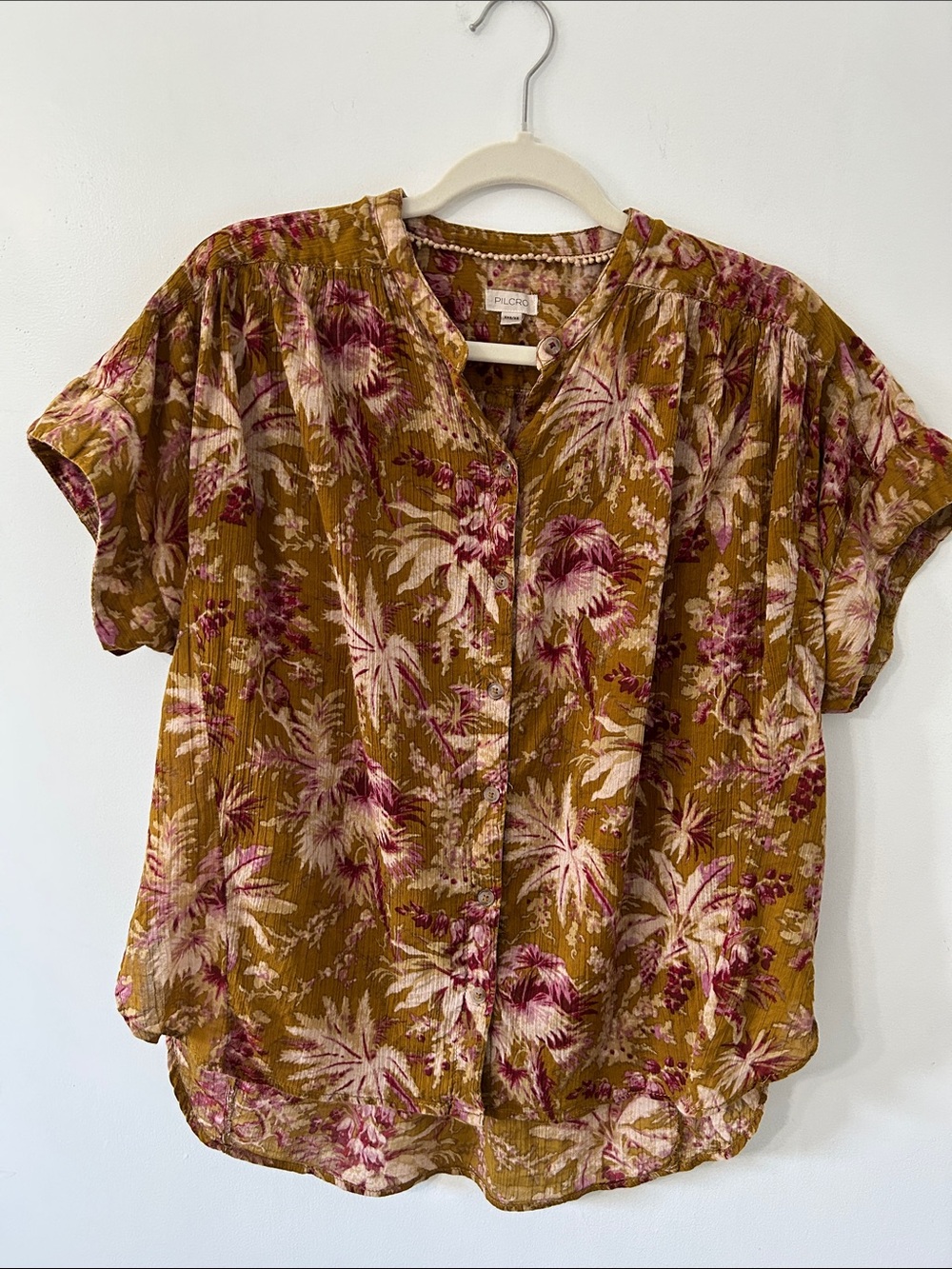 Pilcro Short Sleeved Batwing Button Blouse Mustard Pink Tropical Print Oversized - Picture 13 of 15